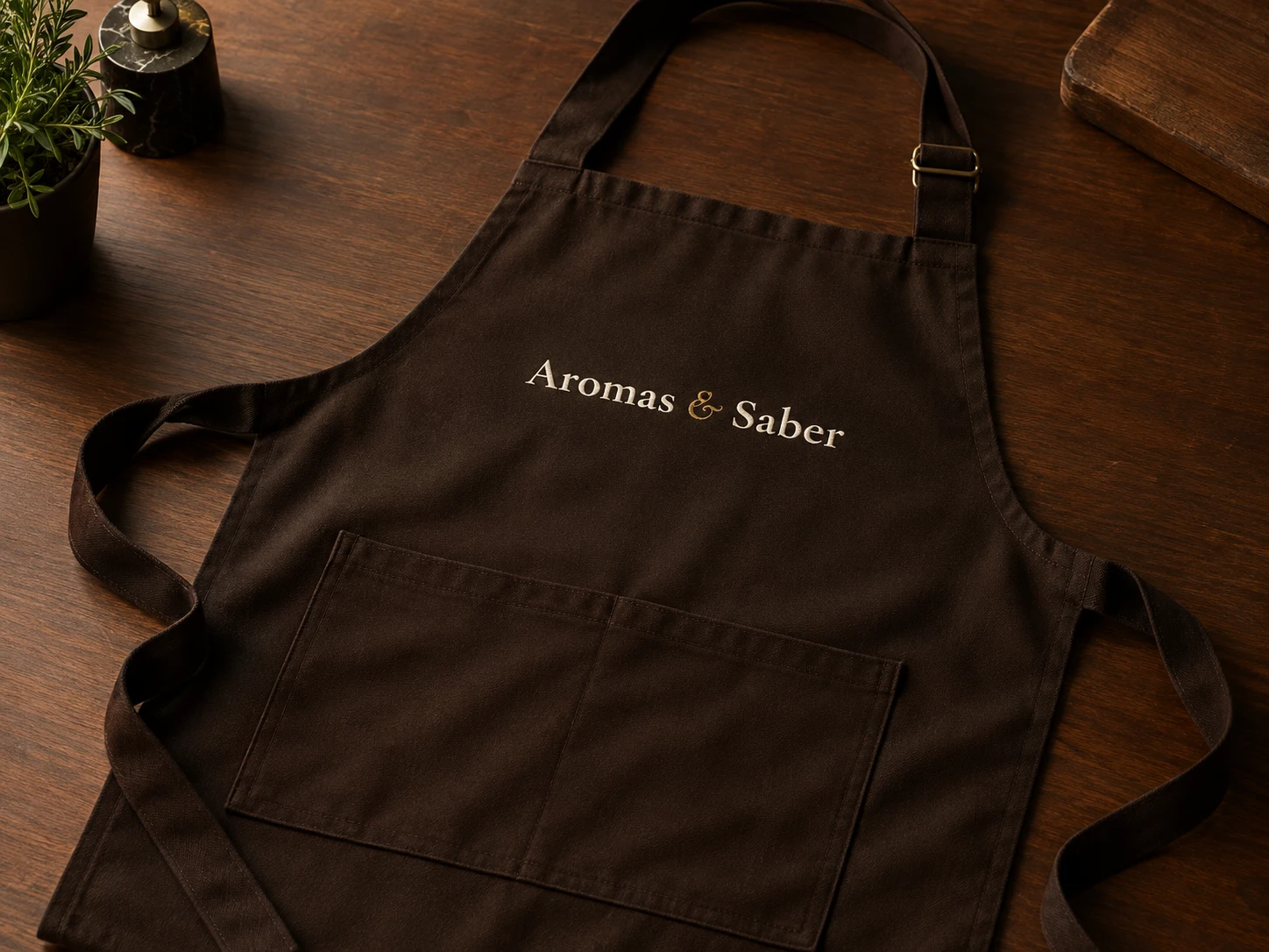 Avental marrom com o nome Aromas & Saber bordado em creme e dourado